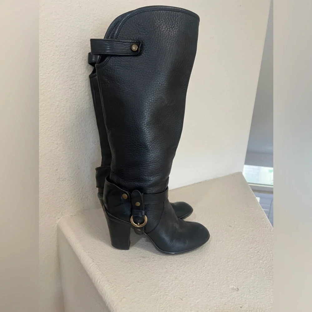 Hogan Womens Leather Buckle Detail Black Round‎ Toe Knee High Boots size 37
